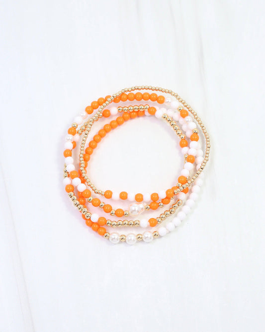 Orange & White Beaded Bracelet Set