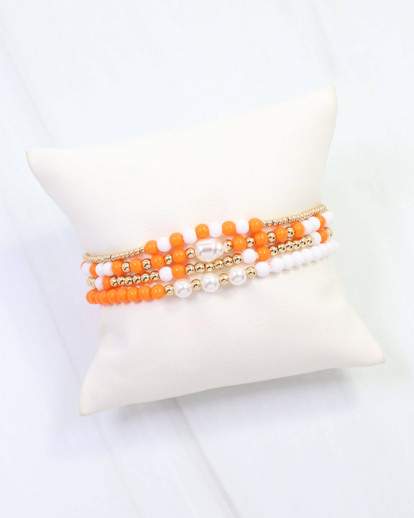 Orange & White Beaded Bracelet Set
