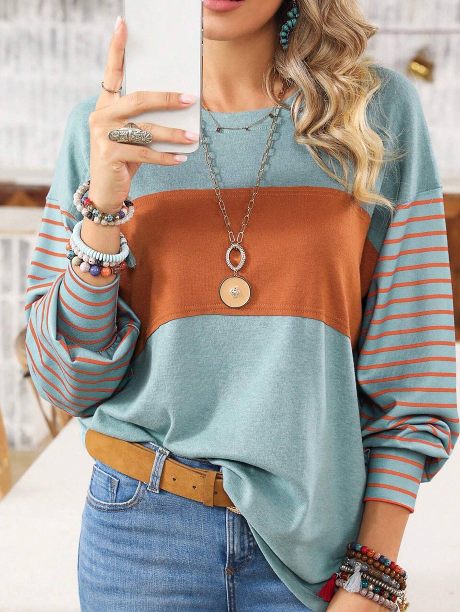 Blue & Orange Round Neck Long Sleeve