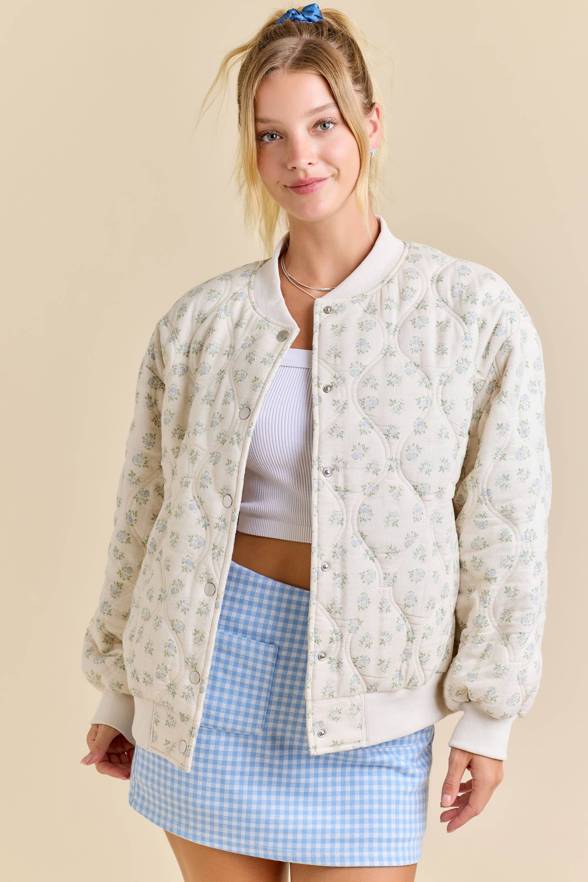 Oversized Quilted Floral Print Bomber Jacket