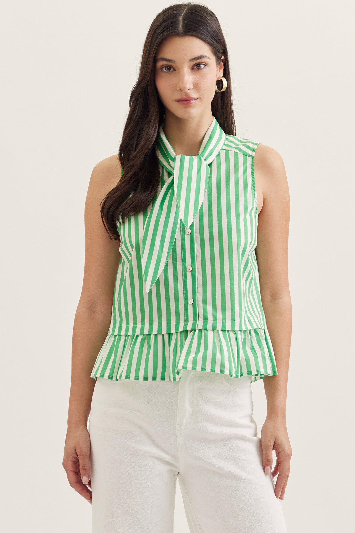Emerald Stripe Tie Neck Blouse