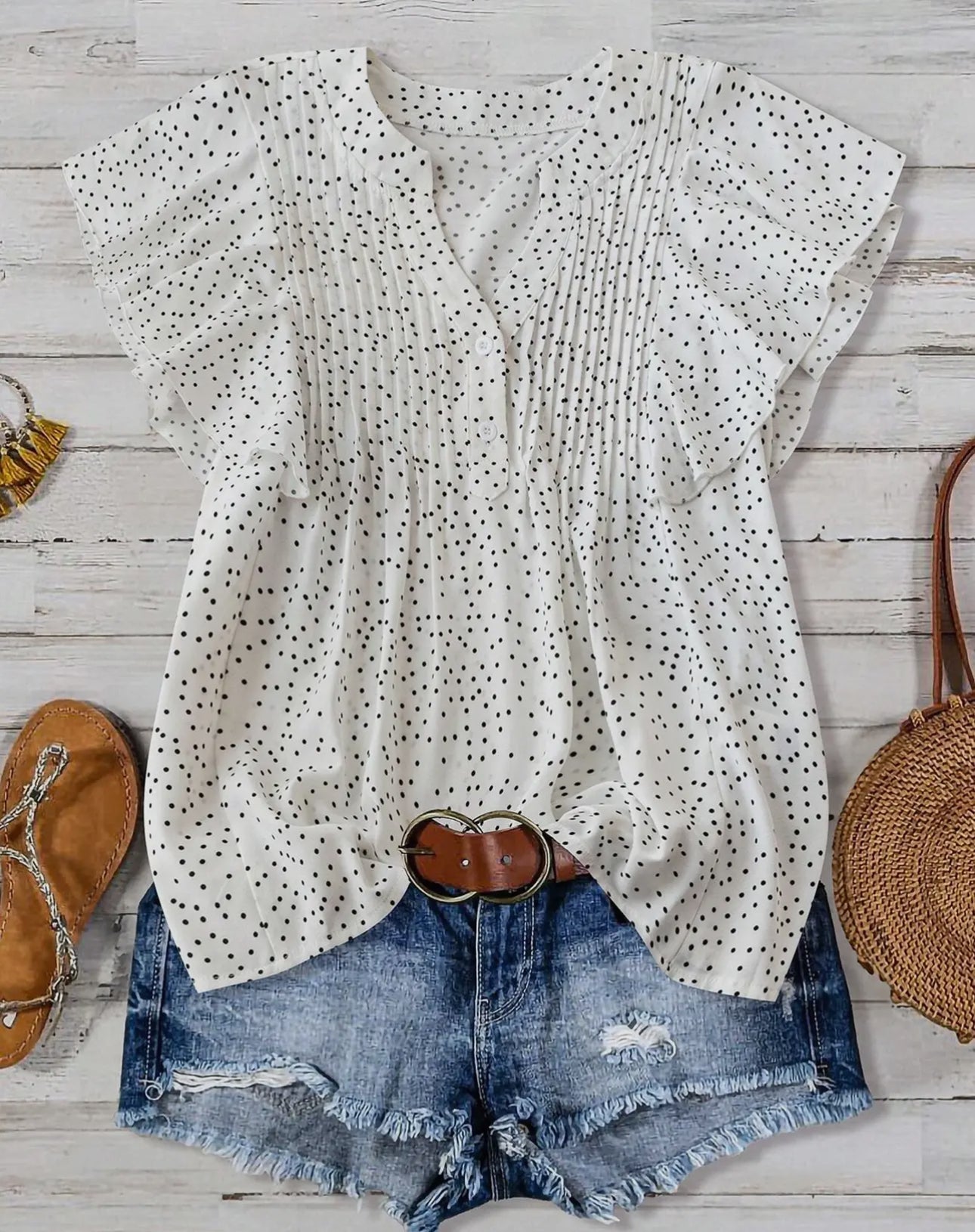 V-Neck Button Pleated Polka-Dot Top