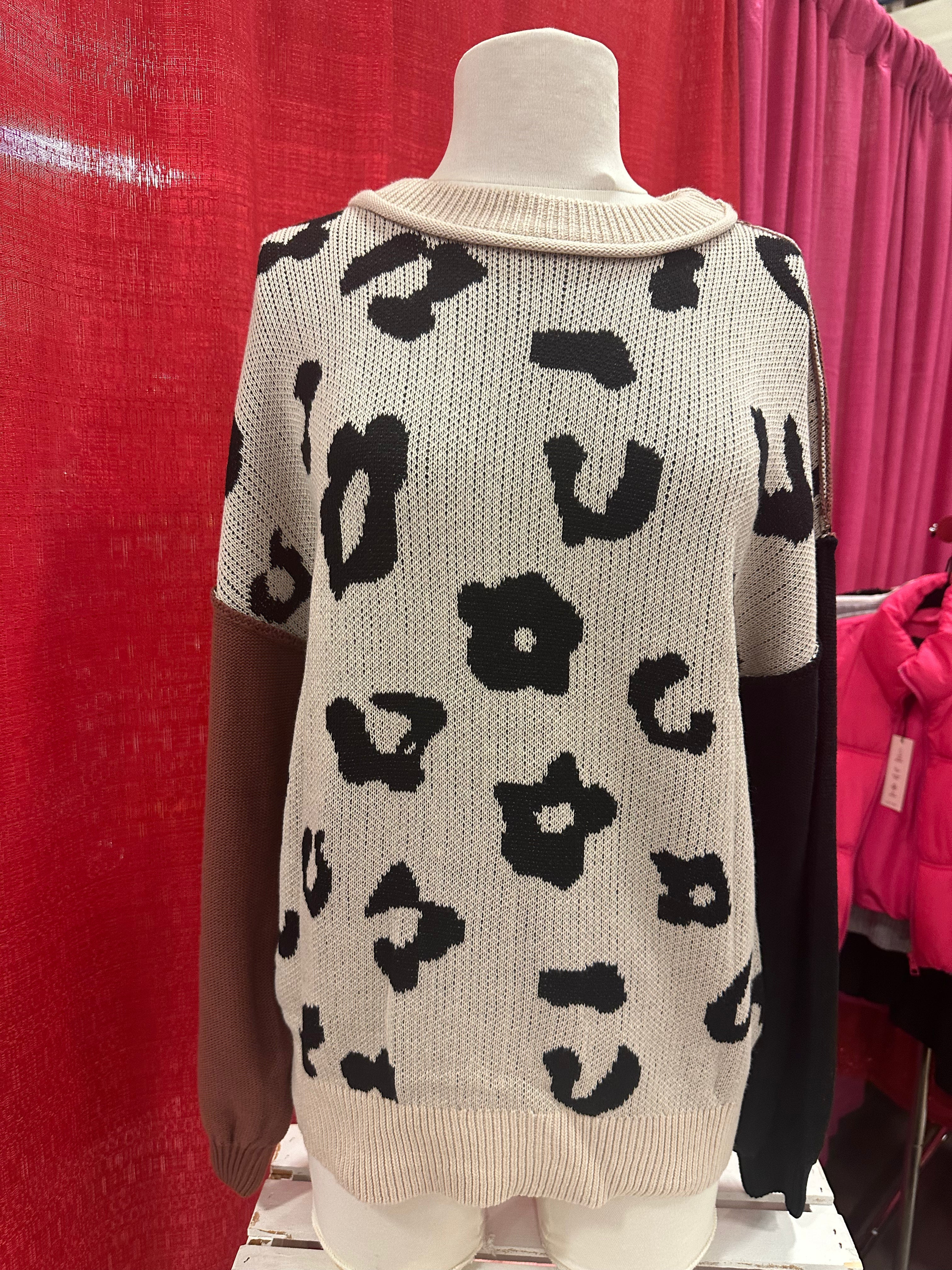 Leopard Patchwork Sleeve Sweater