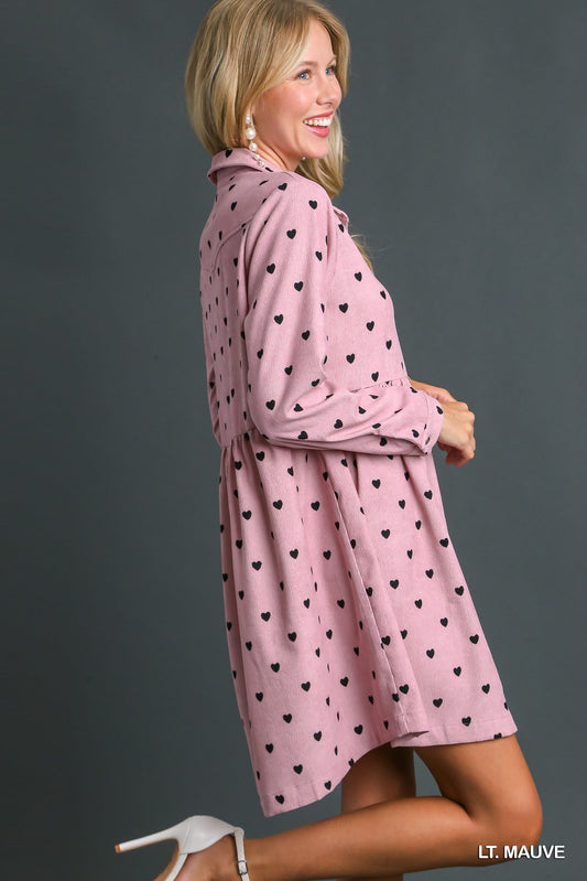 Heart Corduroy Button Up Dress - Mauve
