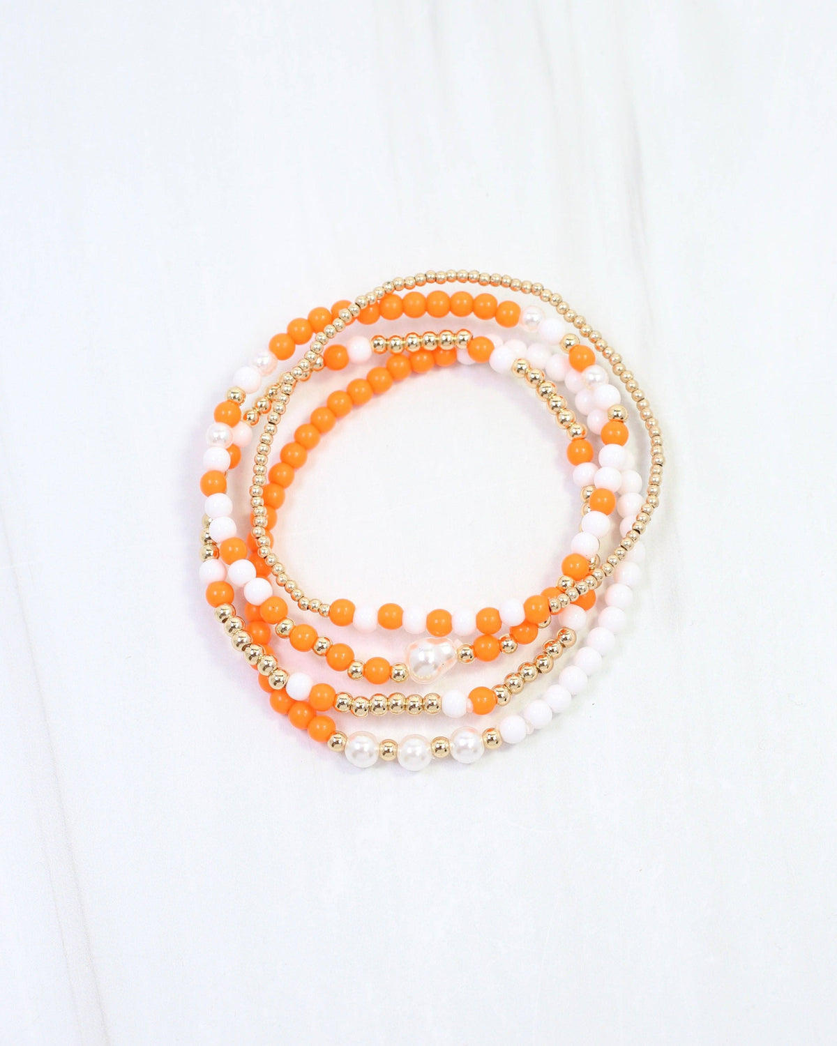 Orange & White Beaded Bracelet Set