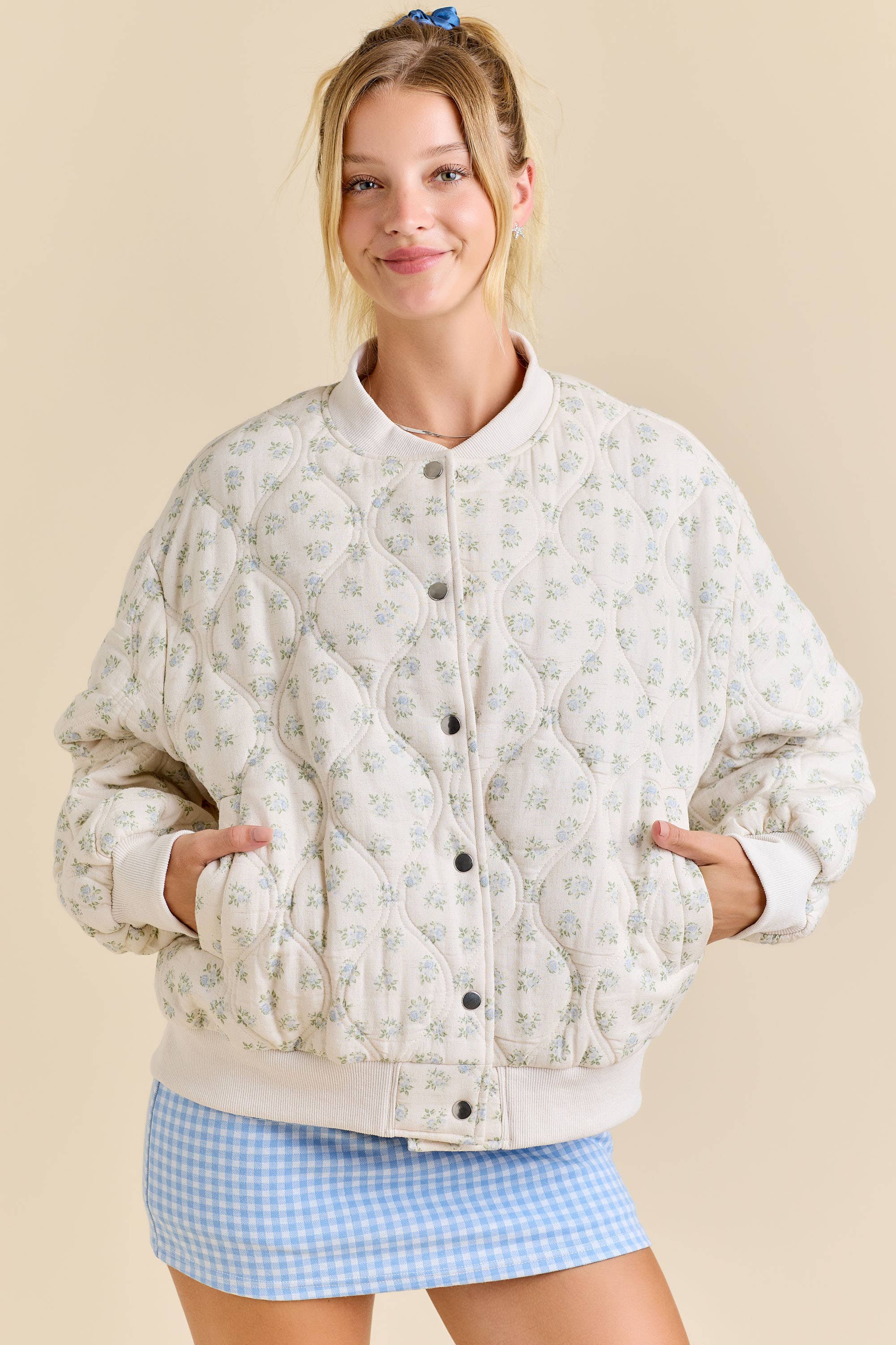 Oversized Quilted Floral Print Bomber Jacket
