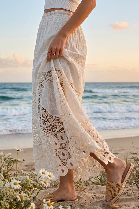 Natural Boho Crochet Lace Maxi Skirt