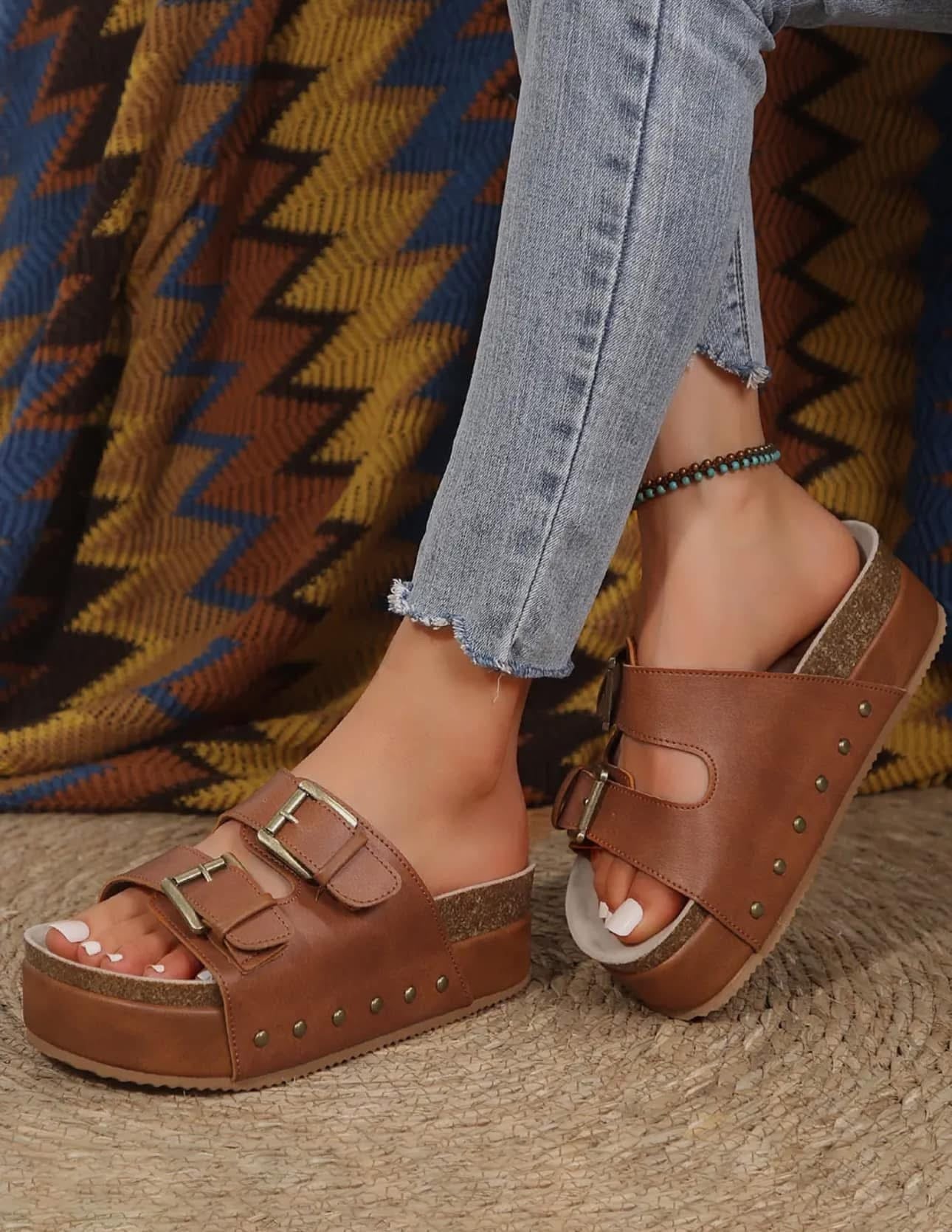 Brown Dual Buckle Studded Platform Sandal