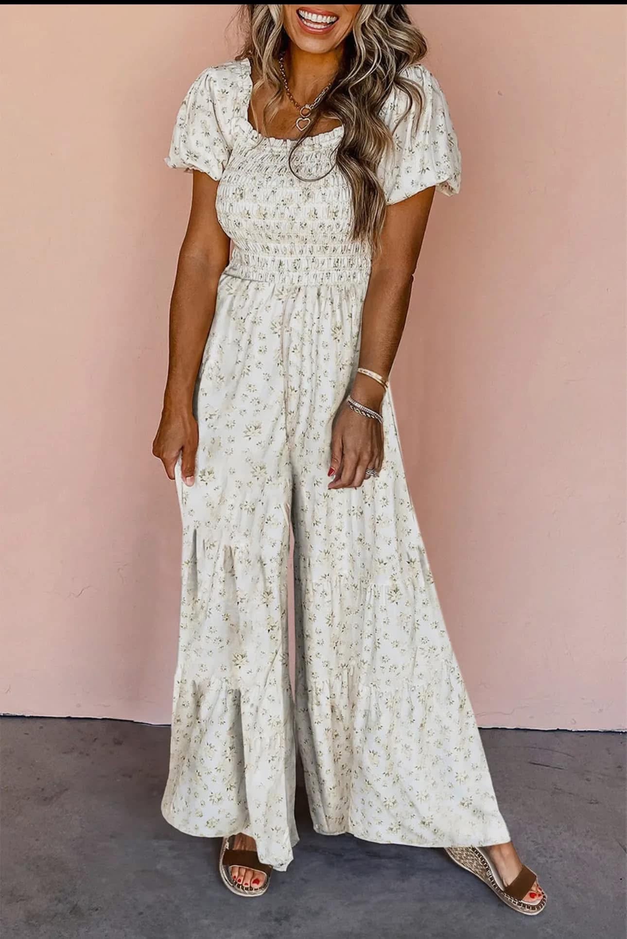 White Floral Bell Bottom Romper