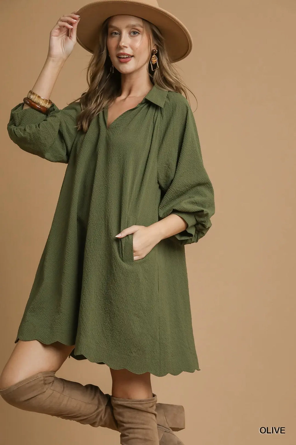 Split V-Neck Dress with Puff Sleeves