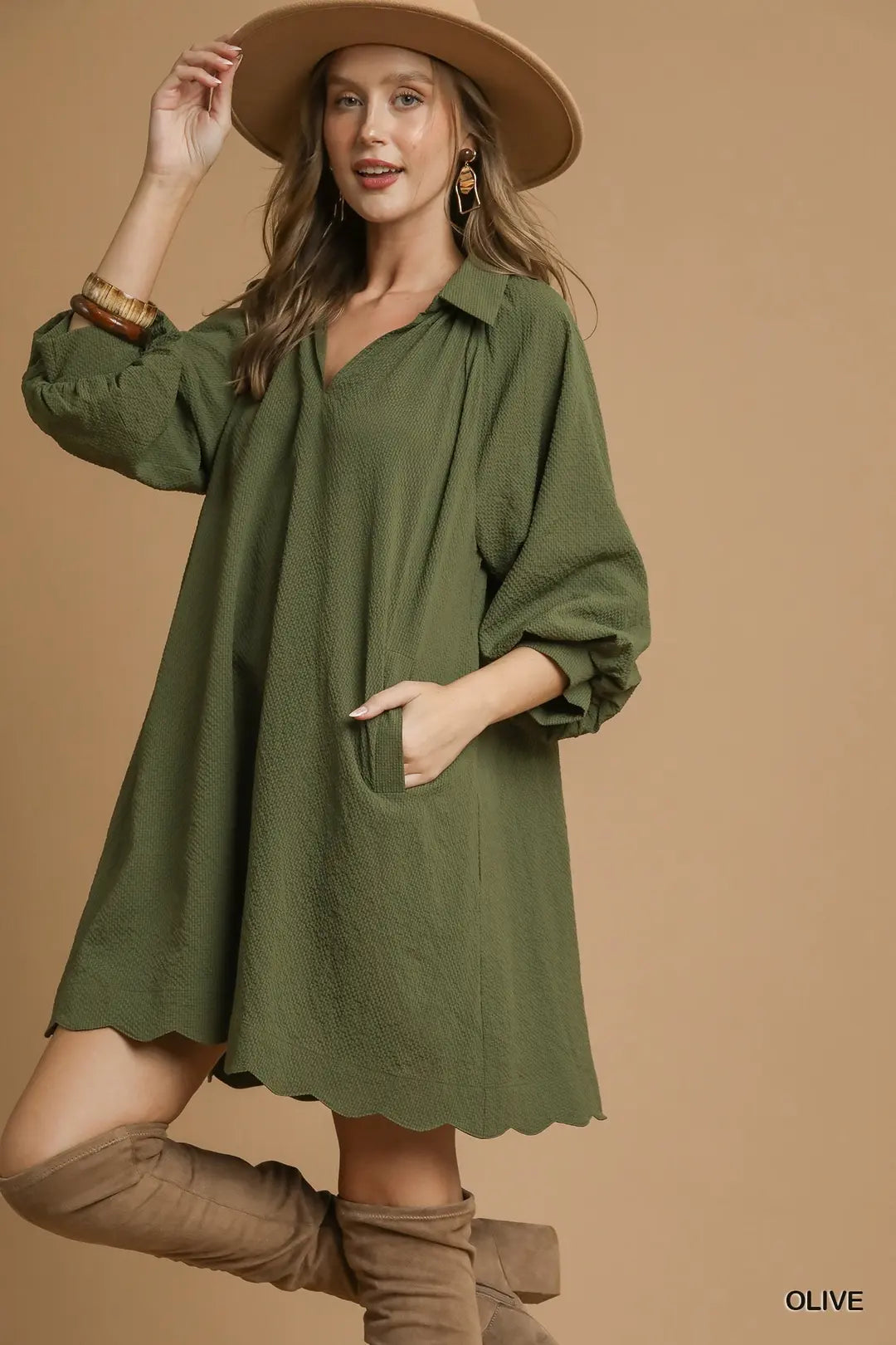 Split V-Neck Dress with Puff Sleeves