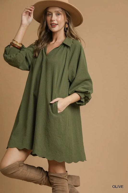 Split V-Neck Puff Sleeve Dress
