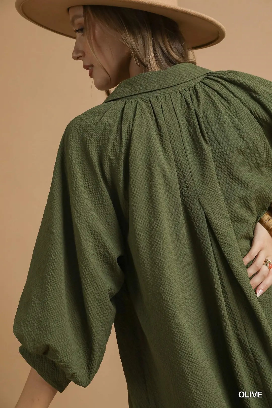 Split V-Neck Dress with Puff Sleeves