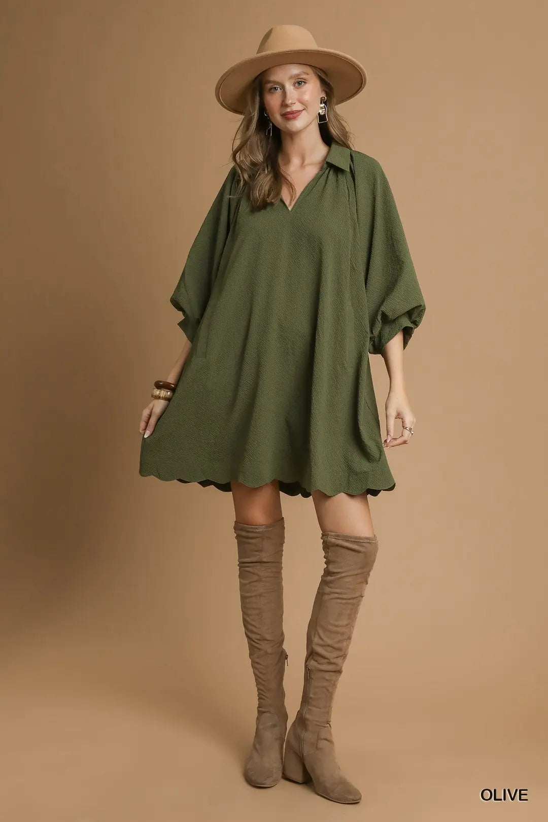 Split V-Neck Dress with Puff Sleeves