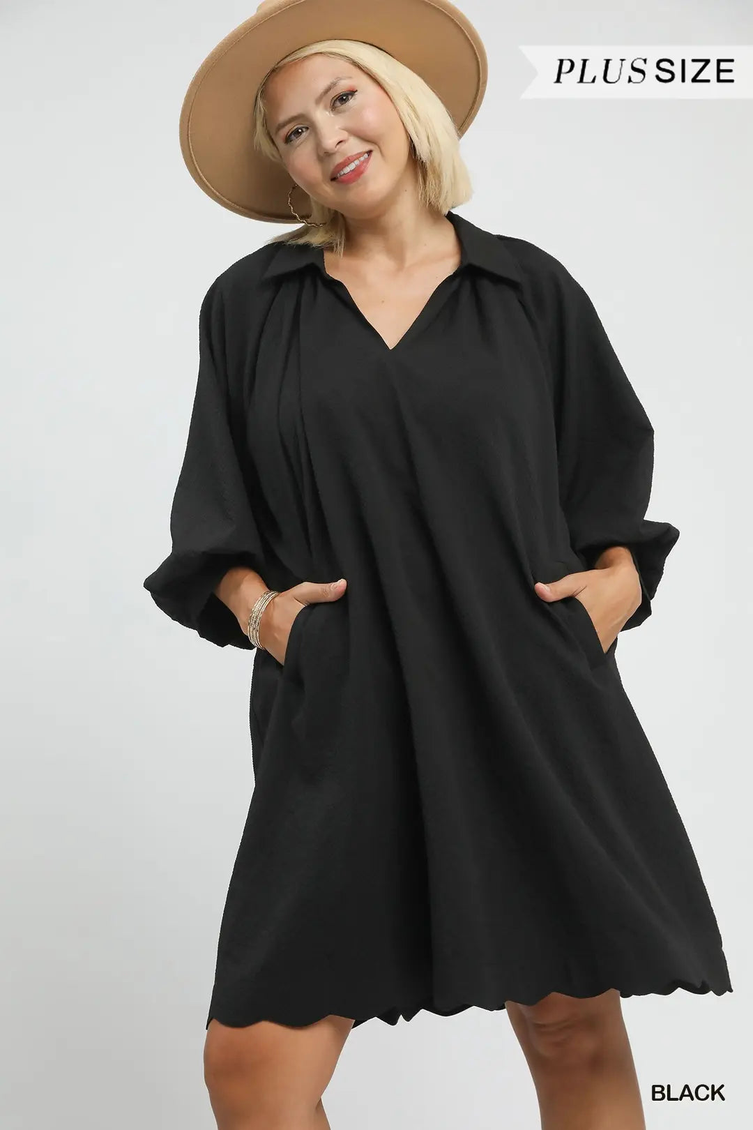 Split V-Neck Dress with Puff Sleeves