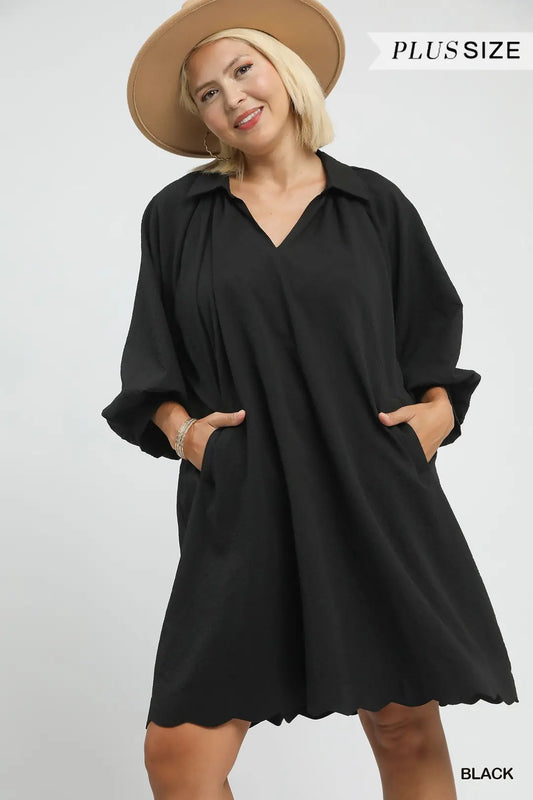 Split V-Neck Puff Sleeve Dress