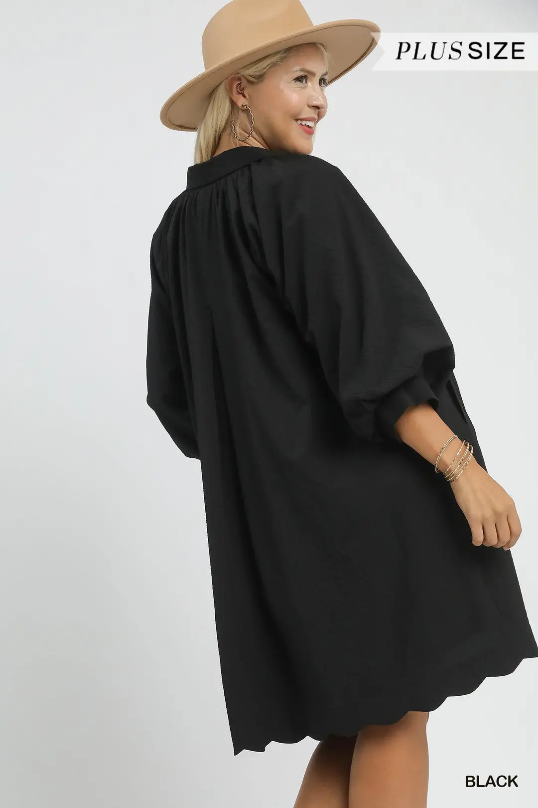 Split V-Neck Dress with Puff Sleeves