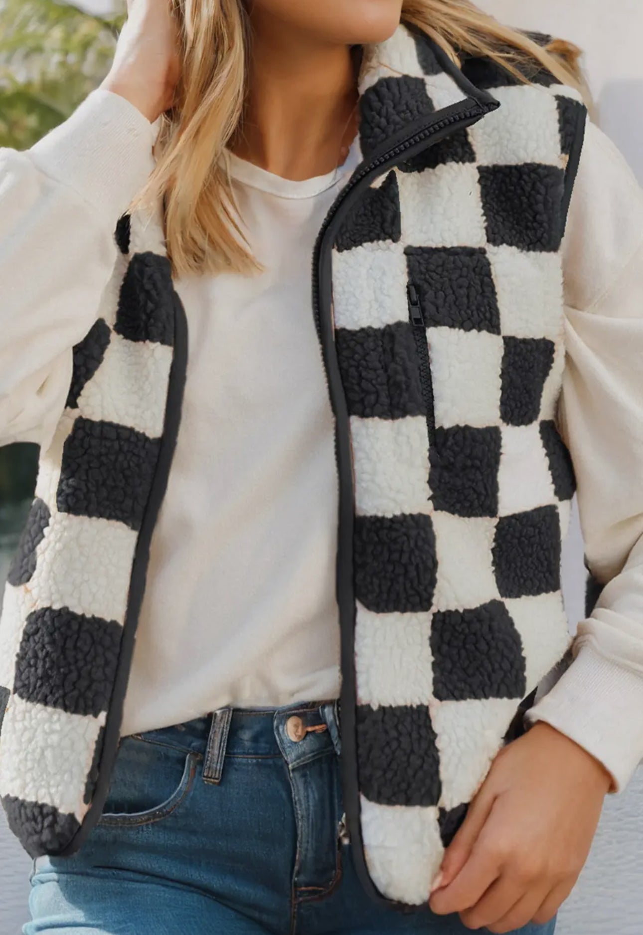 Black Checkered Sherpa Vest