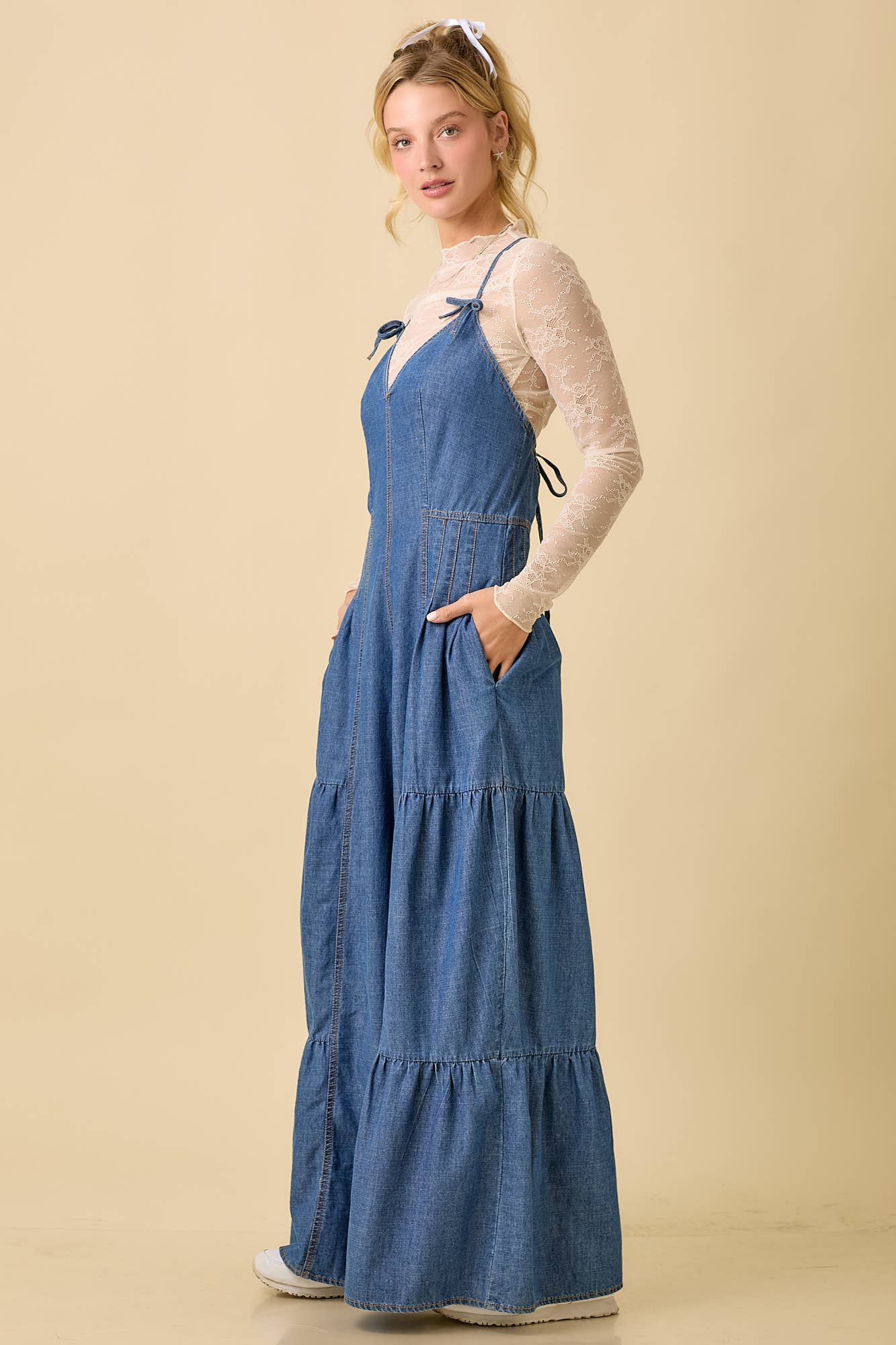 Denim Sleeveless Jumpsuit With Wide Leg