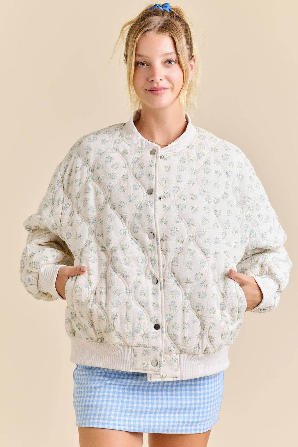Oversized Quilted Floral Print Bomber Jacket