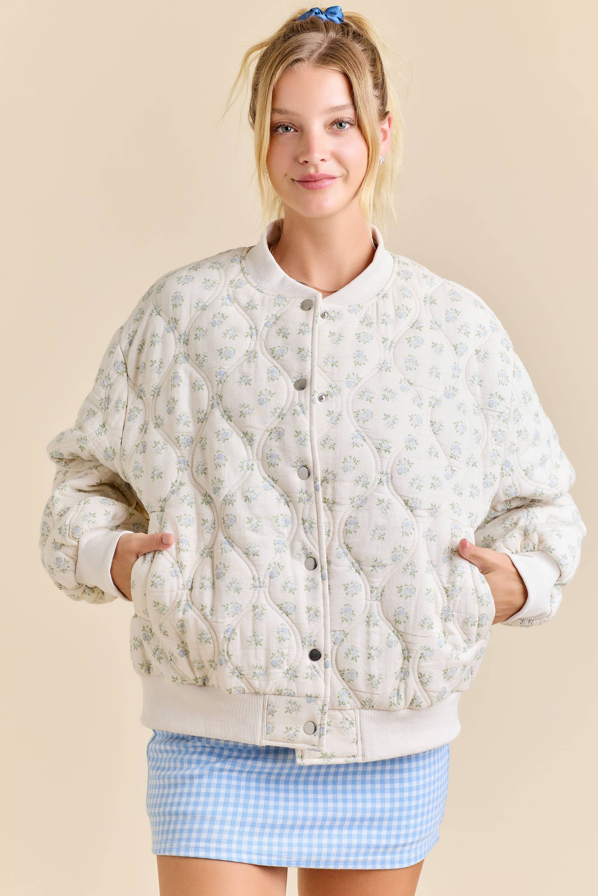 Oversized Quilted Floral Print Bomber Jacket