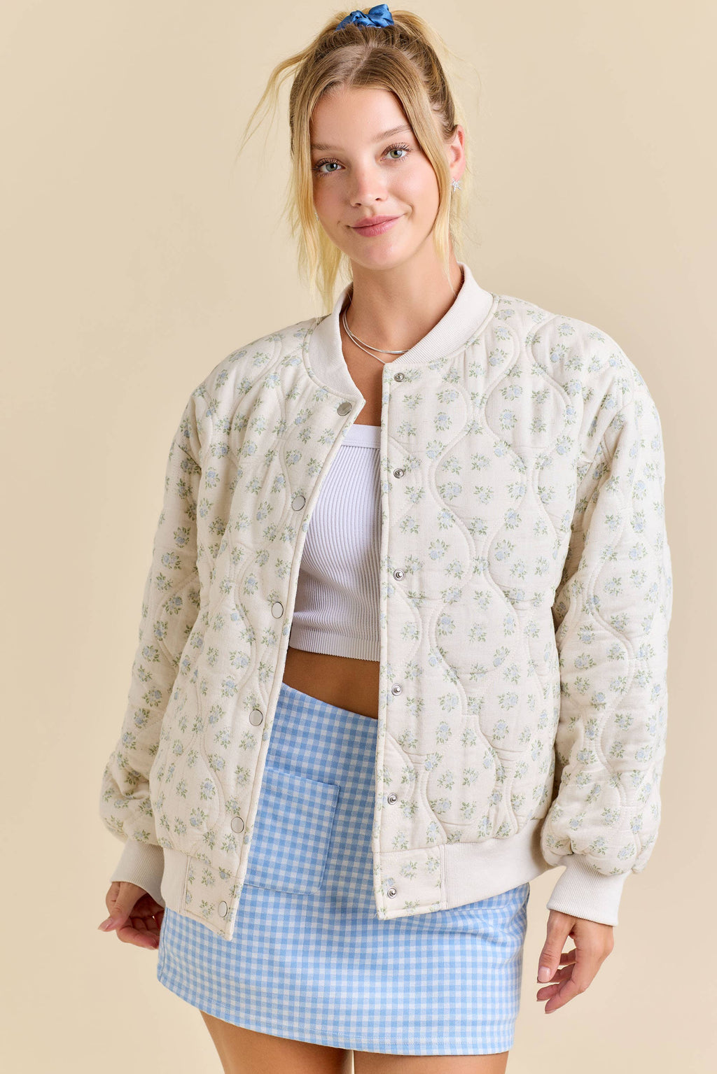 Oversized Quilted Floral Print Bomber Jacket