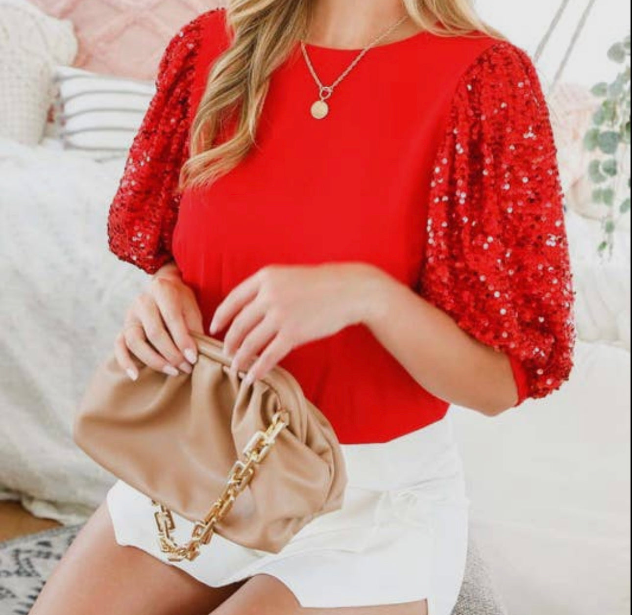 Sequin Contrast Sleeve Blouse