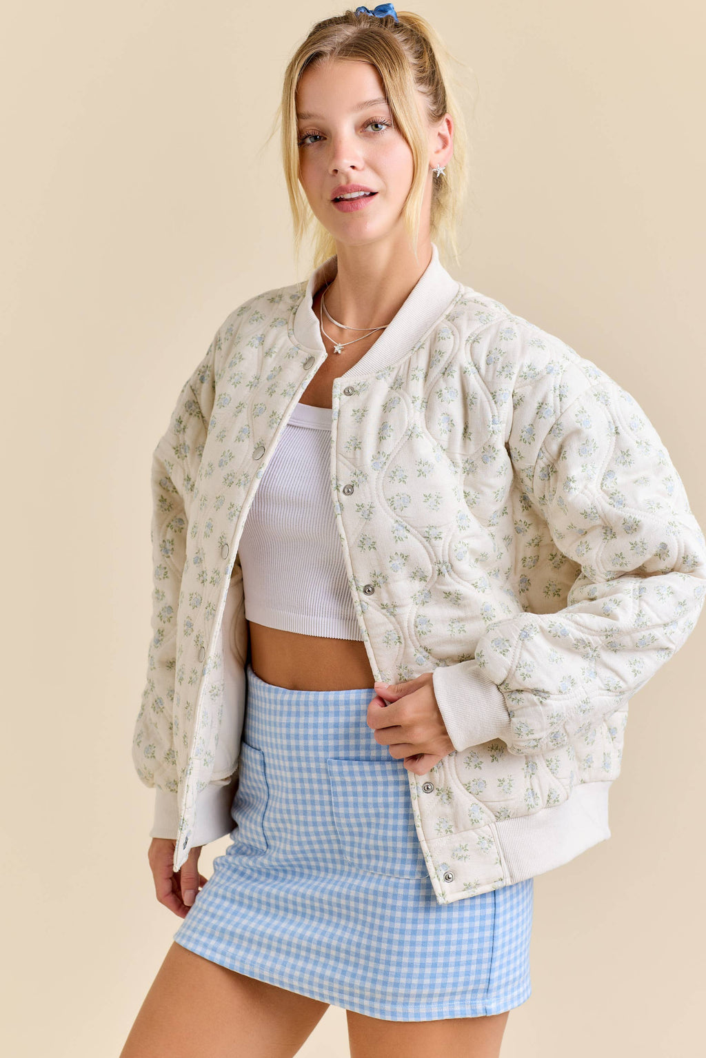 Oversized Quilted Floral Print Bomber Jacket