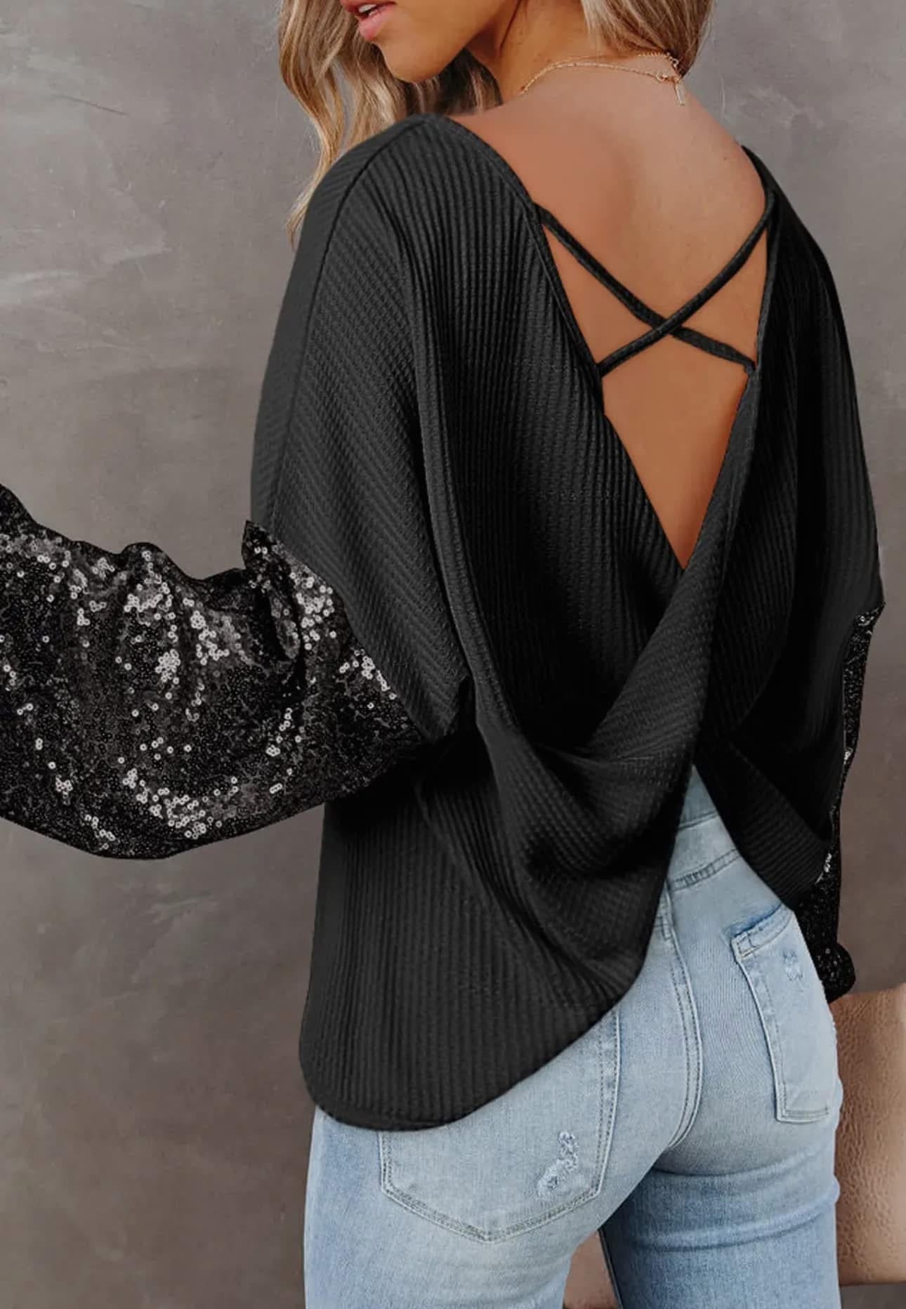 Sequin Waffle-Knit Blouse