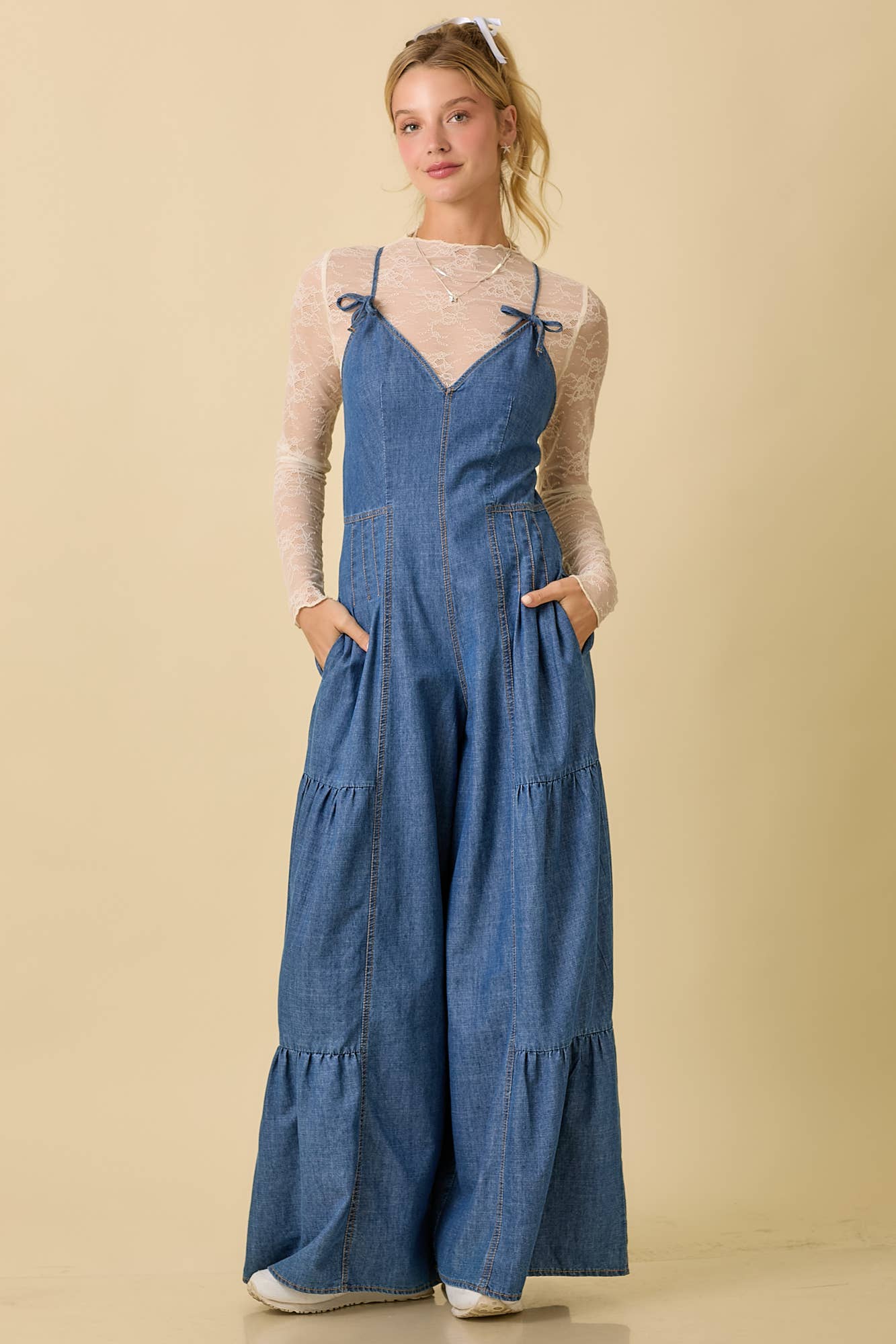 Denim Sleeveless Jumpsuit With Wide Leg