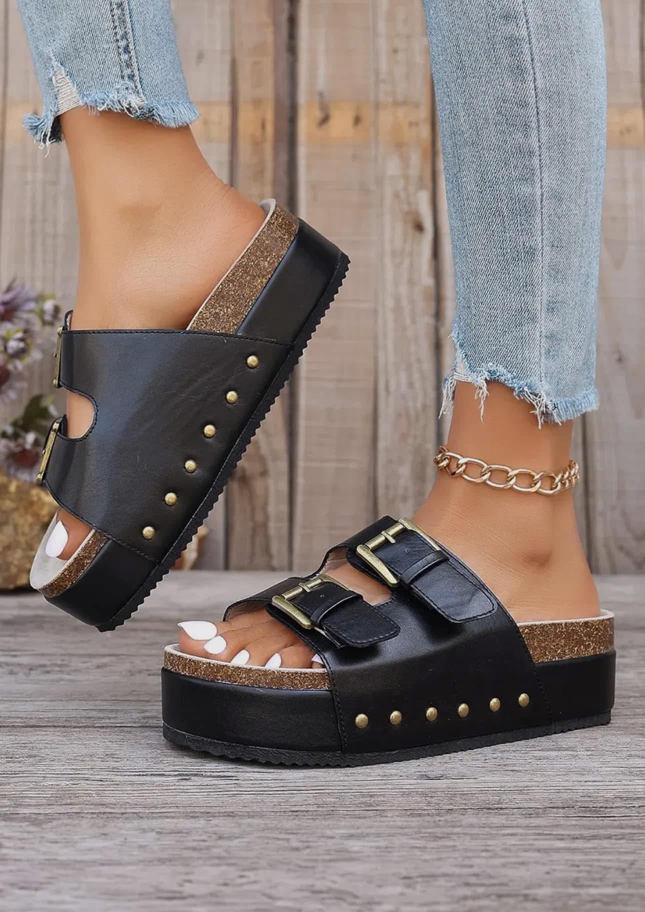 Black Dual Buckle Studded Platform Sandal