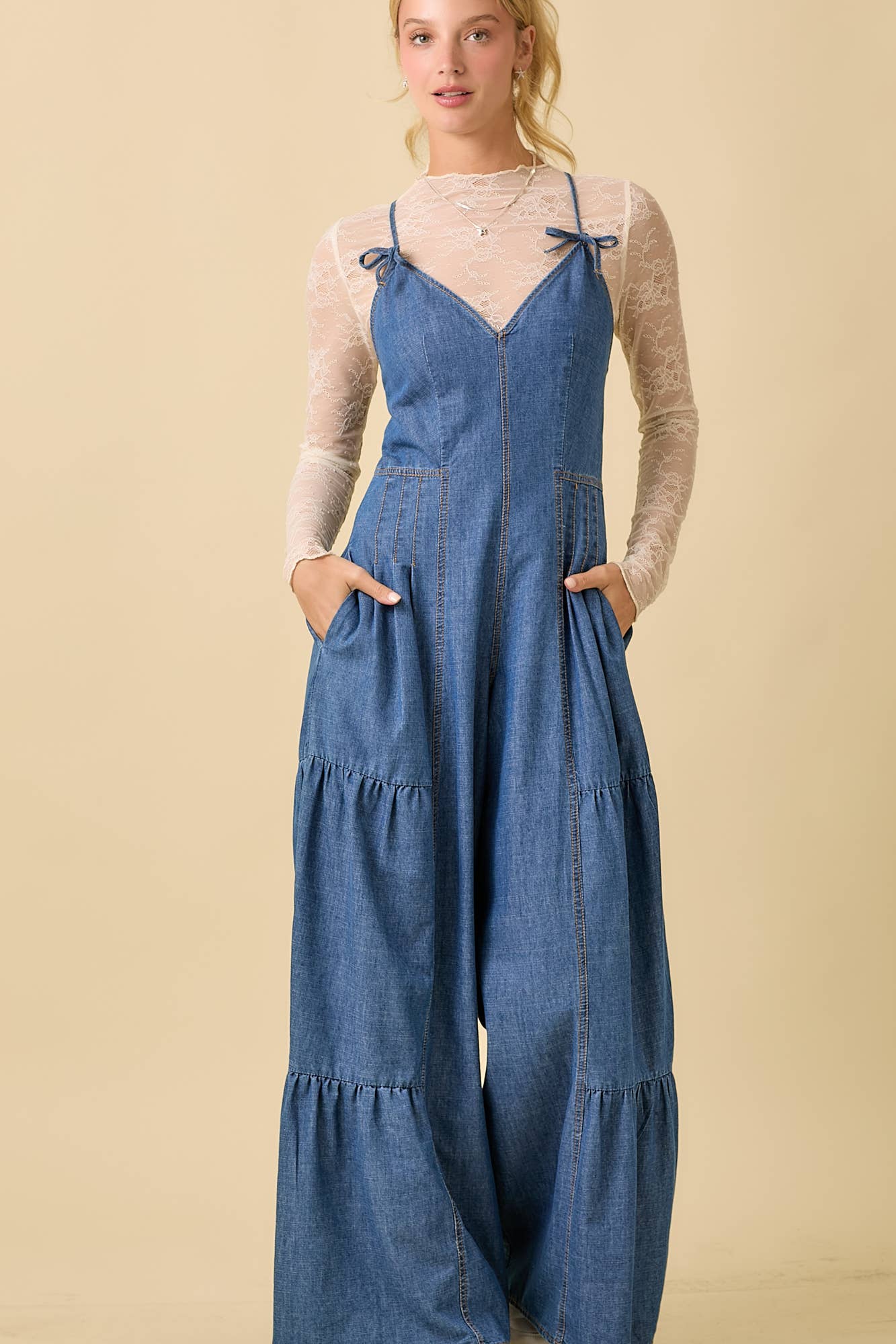 Denim Sleeveless Jumpsuit With Wide Leg