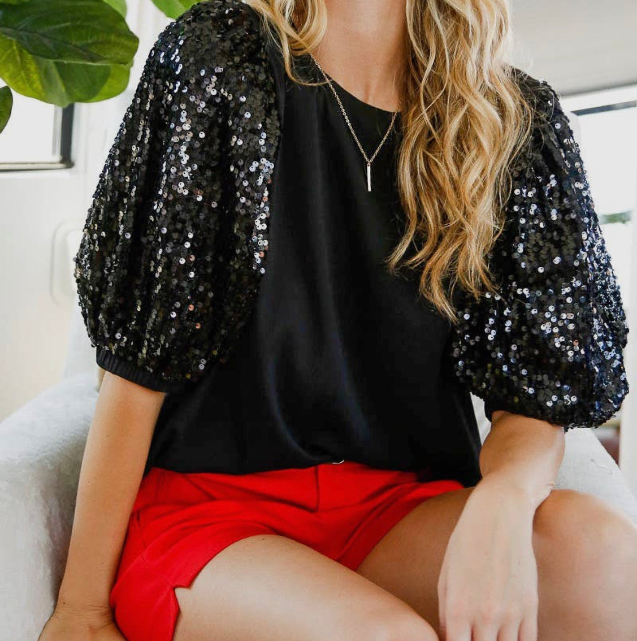 Sequin Contrast Sleeve Blouse