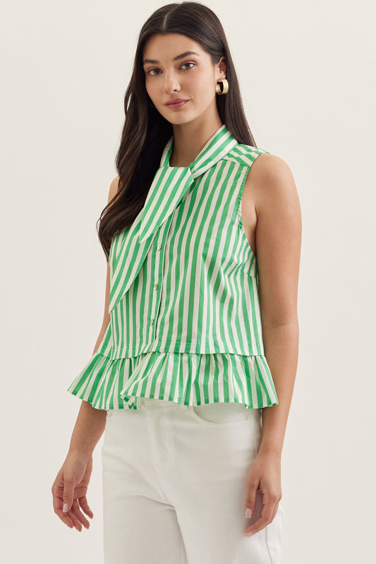 Emerald Stripe Tie Neck Blouse