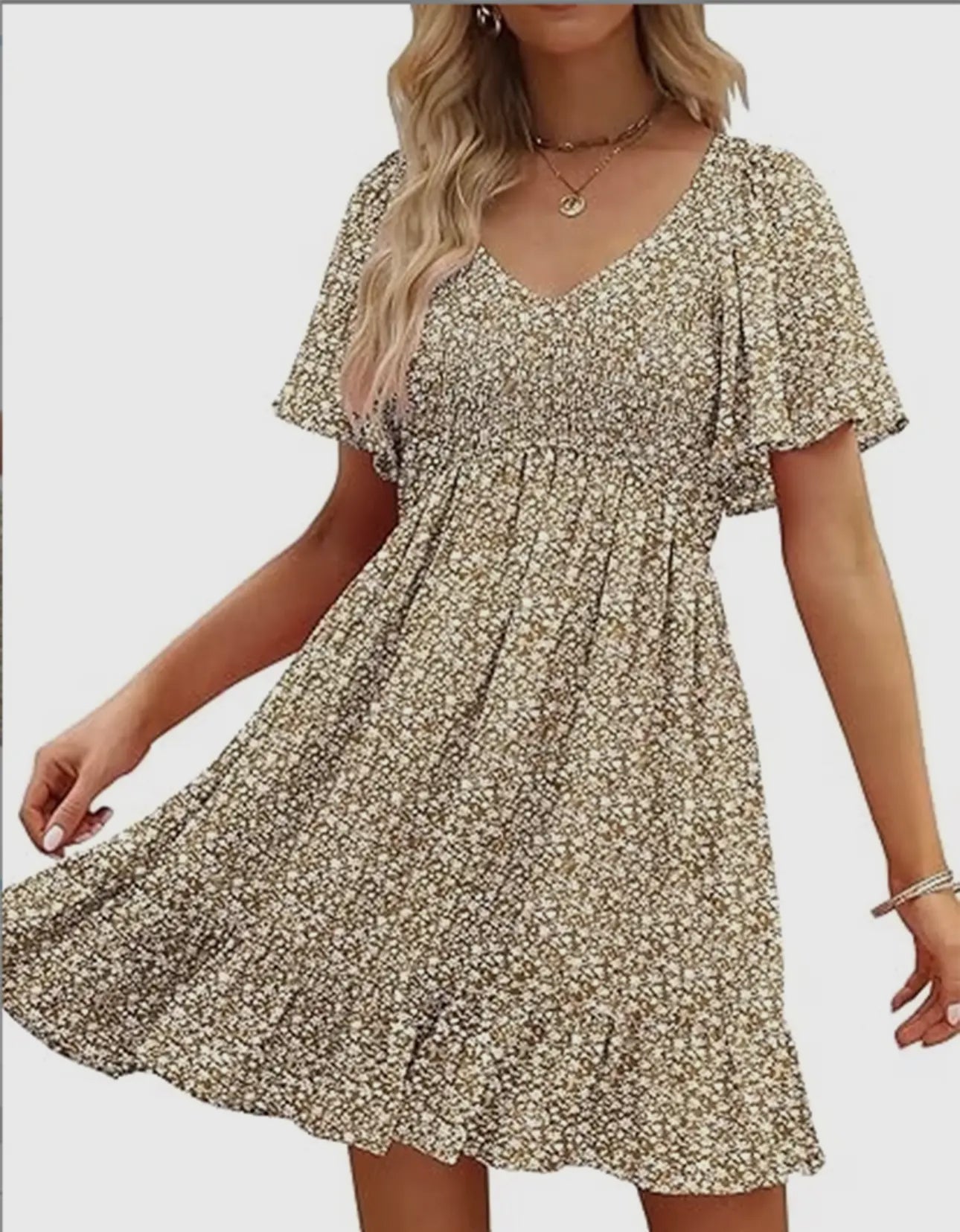 Brown & White Floral Dress with Pockets