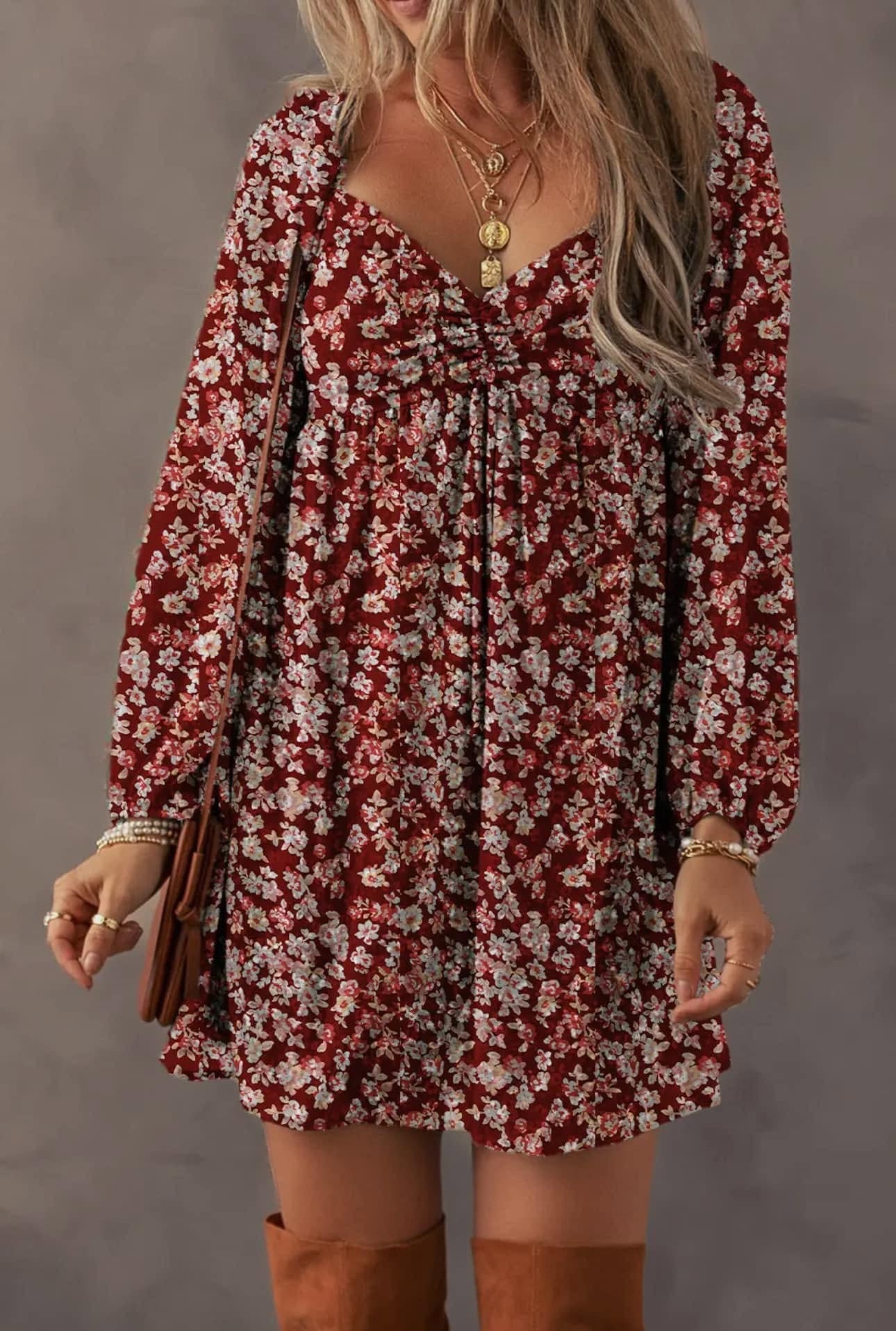 Floral Print Sweetheart Neck Mini Dress