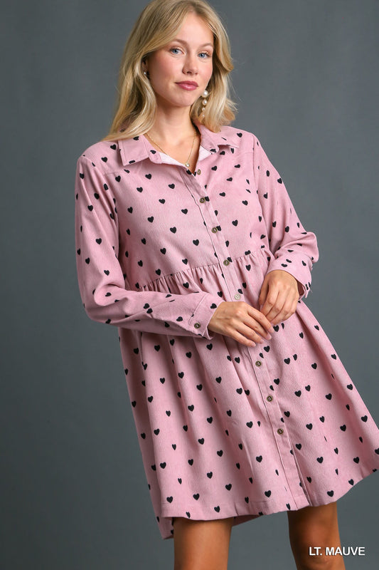 Heart Corduroy Button Up Dress - Mauve