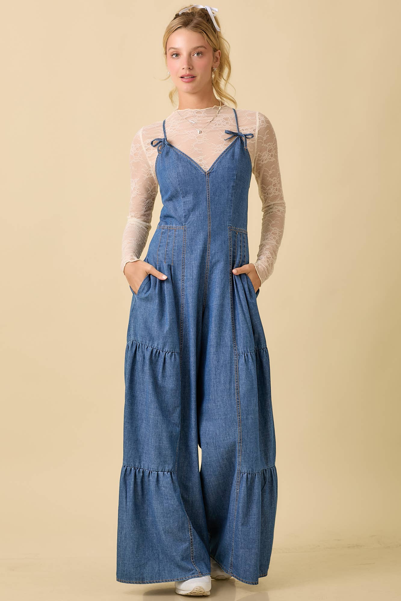 Denim Sleeveless Jumpsuit With Wide Leg