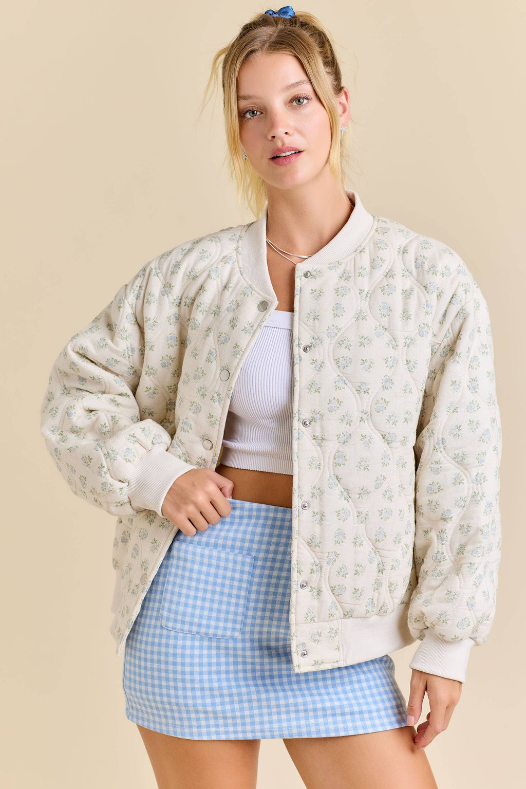 Oversized Quilted Floral Print Bomber Jacket