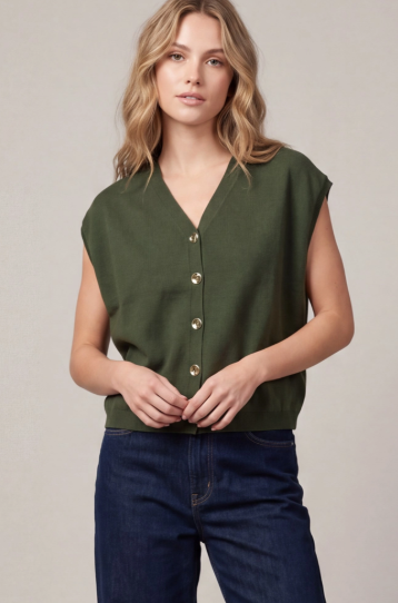 Olive Button-Front Sweater Top