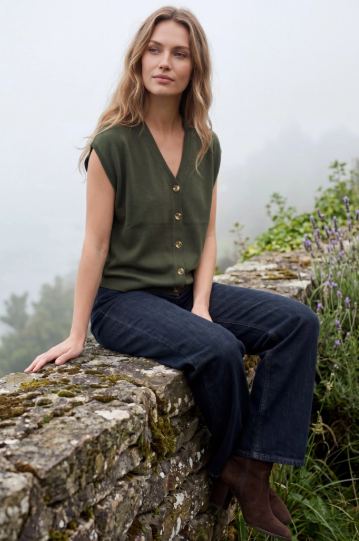 Olive Button-Front Sweater Top