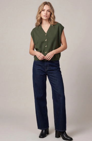 Olive Button-Front Sweater Top