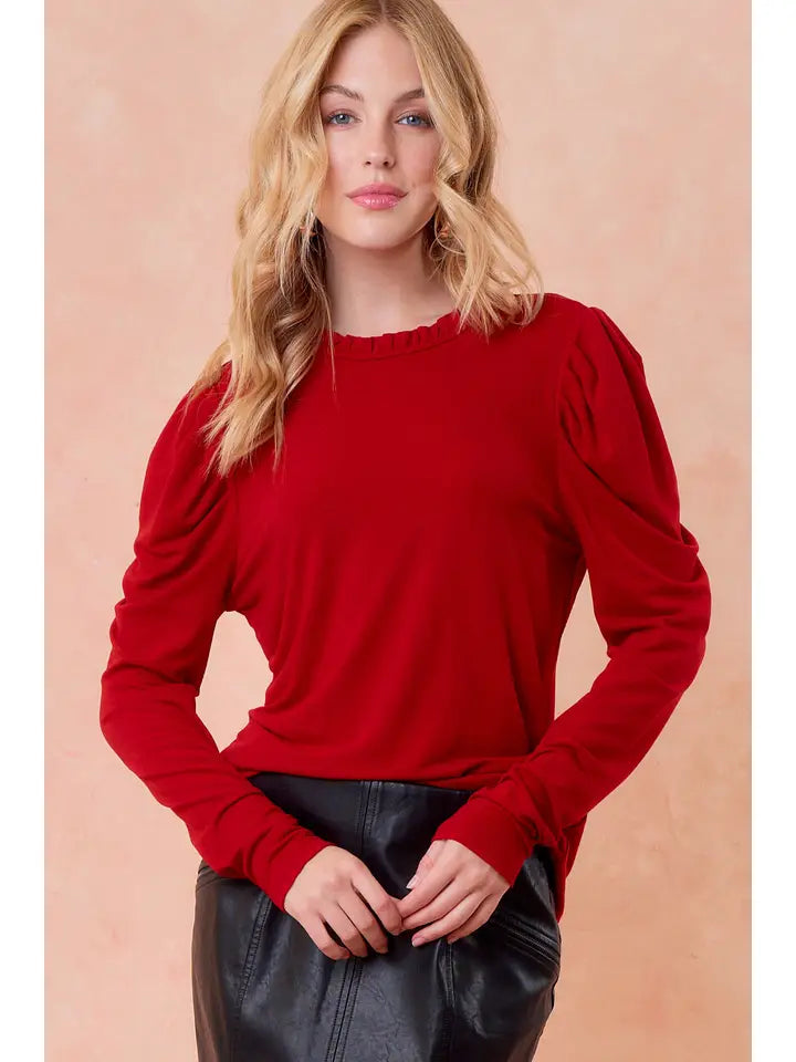 Red Puff Sleeve with Frilled Neck