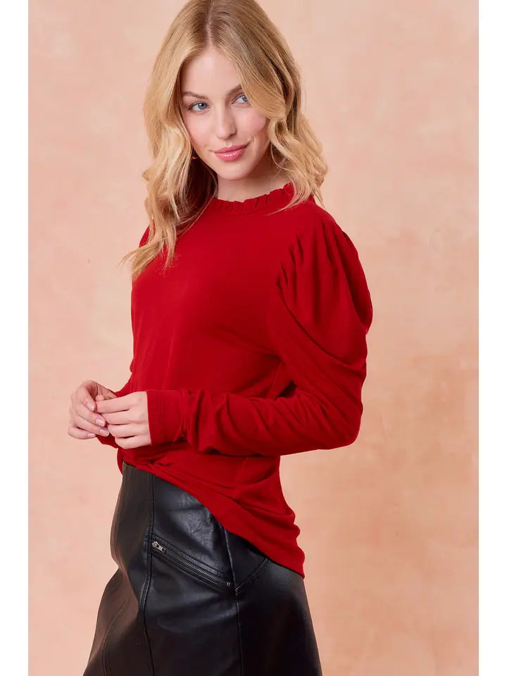 Red Puff Sleeve with Frilled Neck