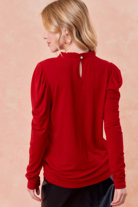 Red Puff Sleeve with Frilled Neck